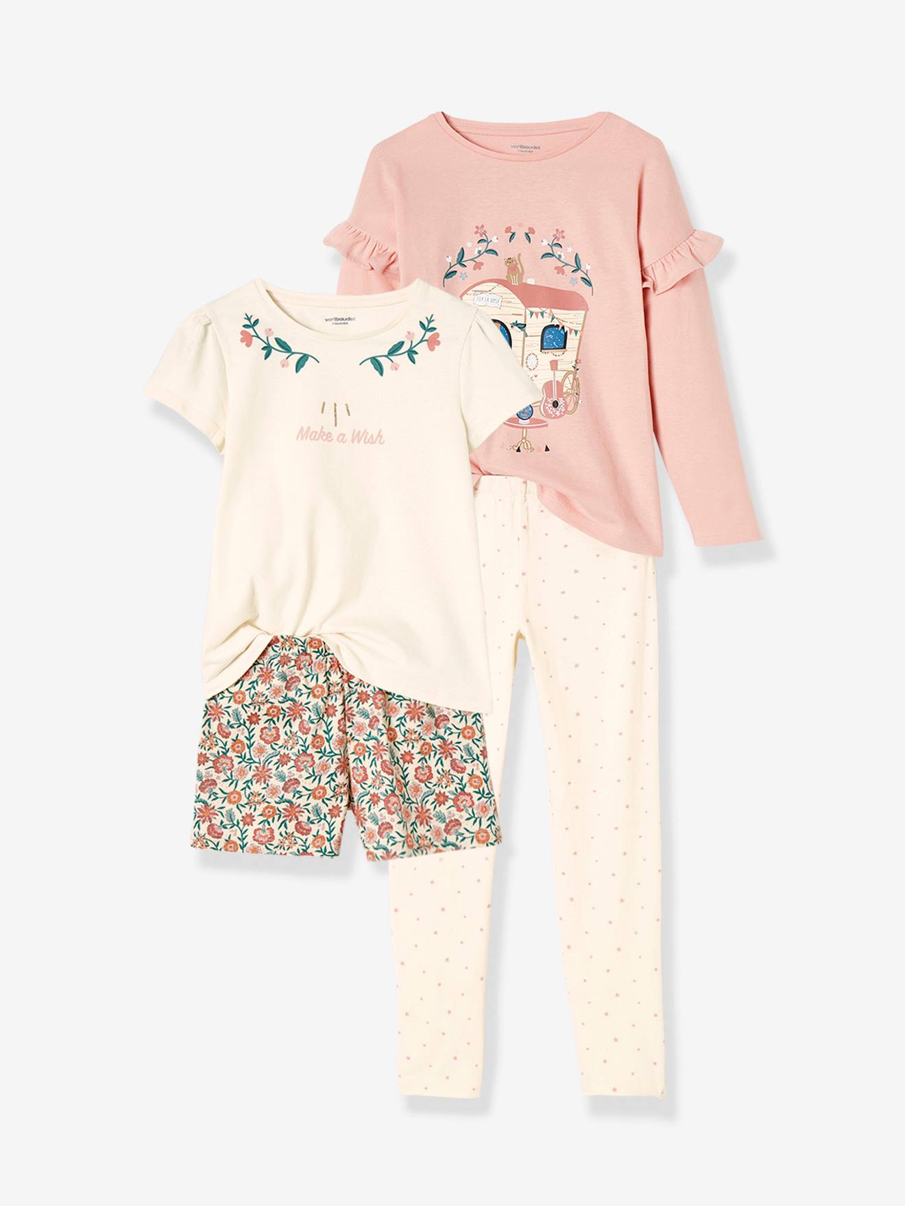 Conjunto de pijama estilo boêmio + pijama curto para meninas em rosa antigo