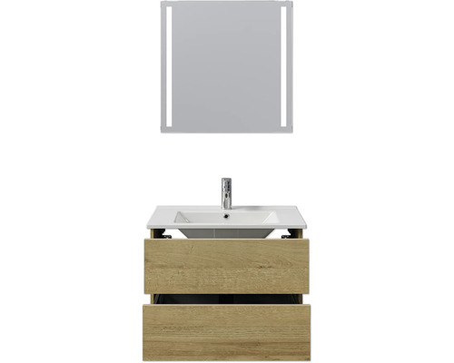 Badkamermeubelset Pelipal Cavallino (B x H x D 75 x 200 x 45 cm), frontkleur: Riviera eiken, met witte keramische wastafel, badmeubel en spiegel
