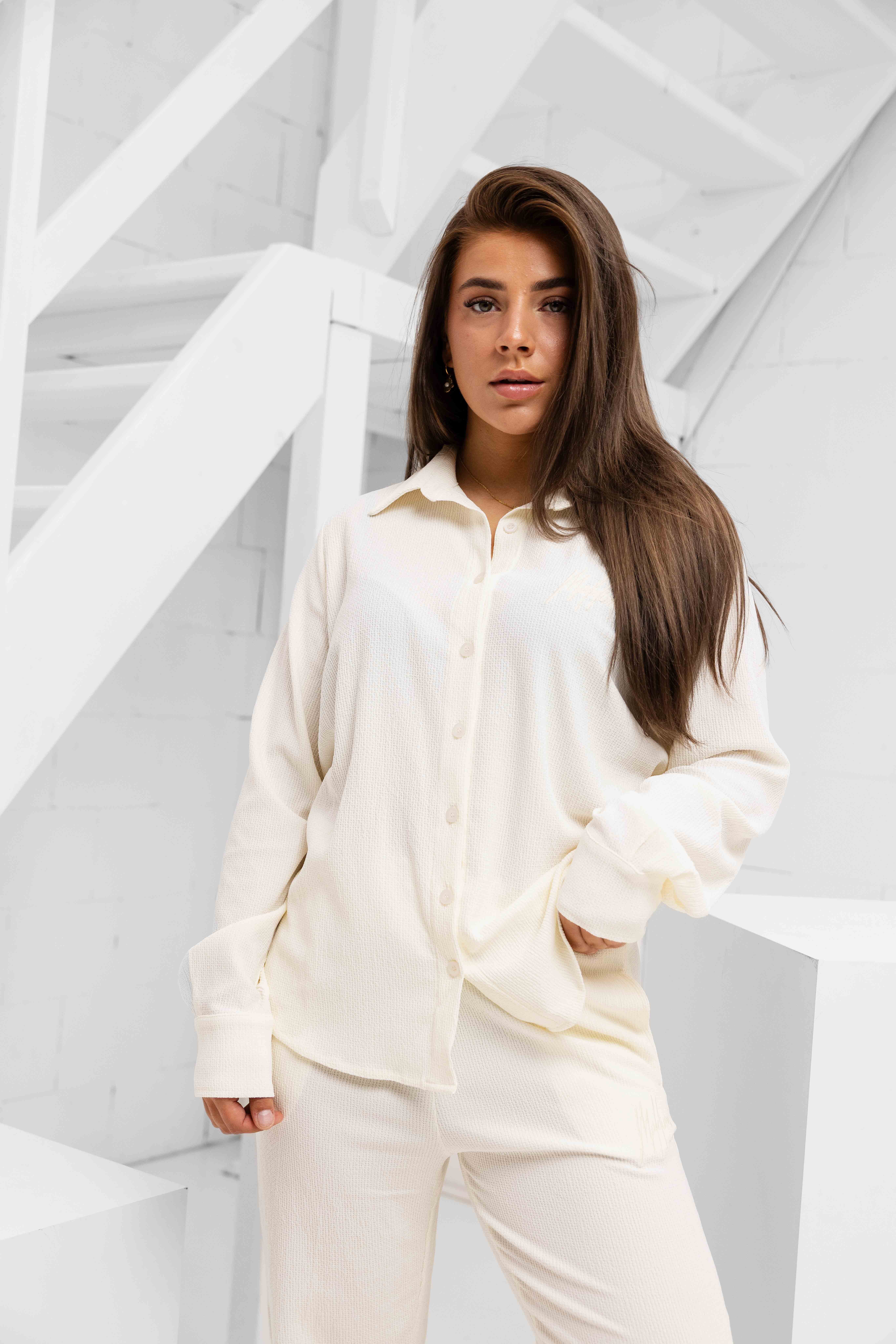 Malelions Seersucker Button-Up Set Dames Gebroken Wit