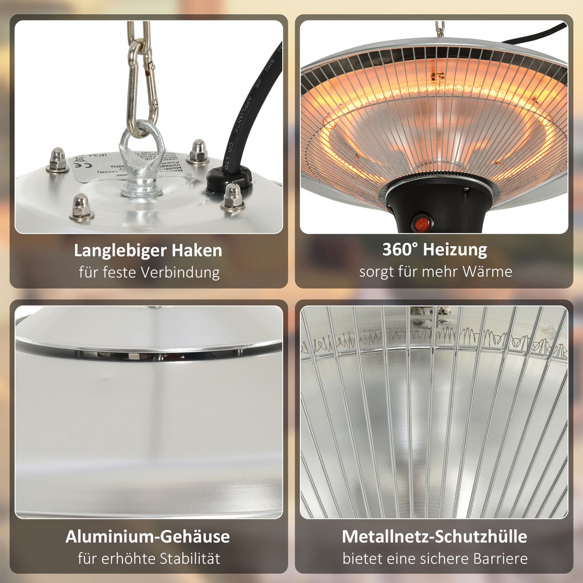 Outsunny plafondstraler, stralingsverwarming met 3 warmtestanden, 1500W, met LED inclusief afstandsbediening, Φ42 x H29cm, aluminium, zilver