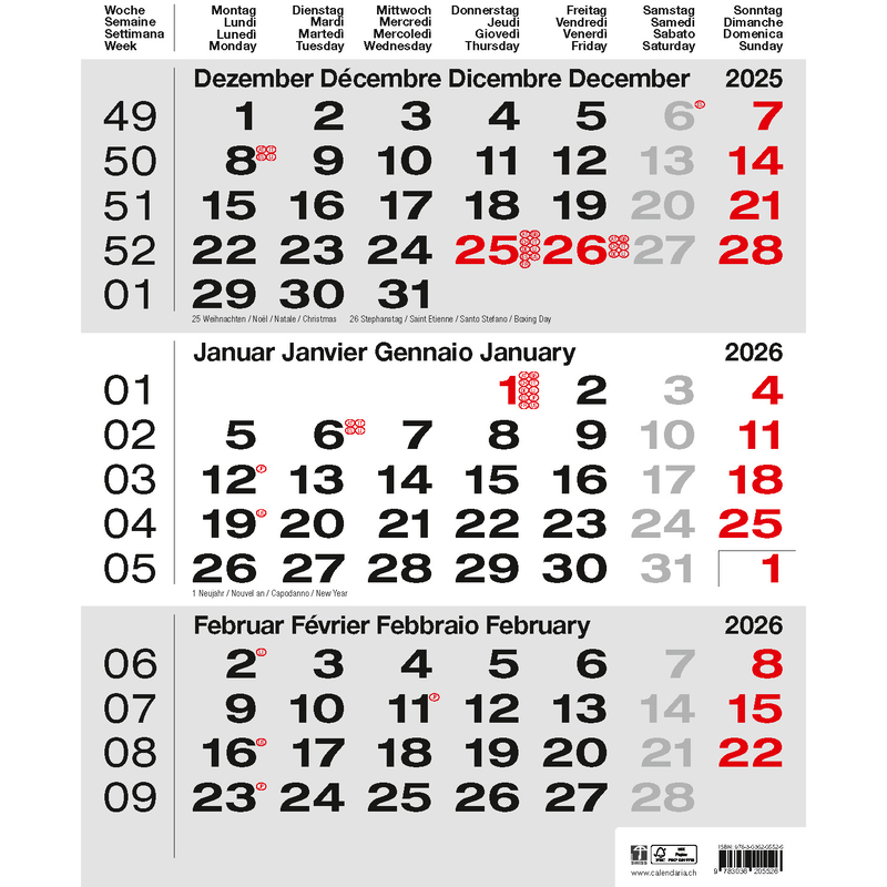 Calendaria 3-Monats-Wandkalender 2026, 3 Monate / Seite, grau/weiss