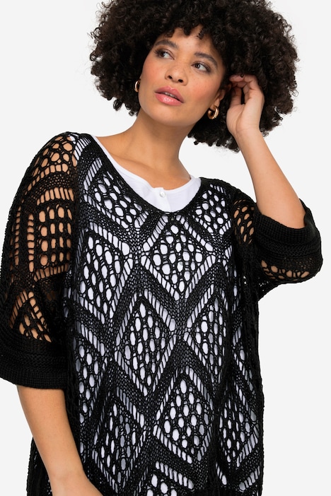 Pullover, oversized, Ajourstrick, V-Ausschnitt, Langarm