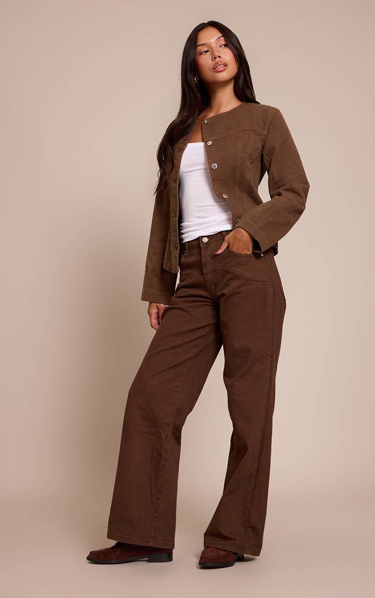 Dark Khaki Chemise En Denim Sans Col À Boutonnage Asymétrique
