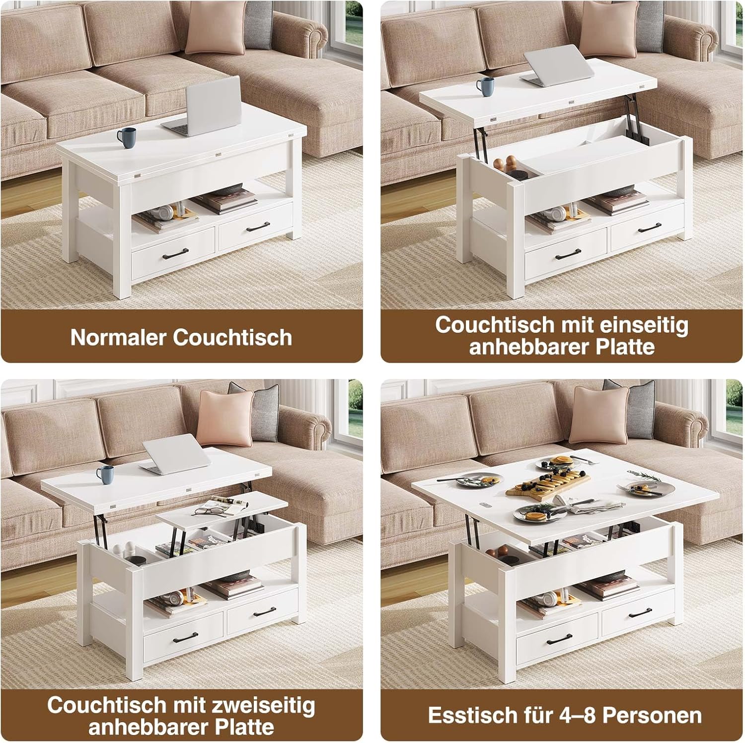Rolanstar Couchtisch Höhenverstellbar, Wohnzimmertisch mit Schublade & verstecktem Fach, Kaffeetisch umwandelbar in Esstisch, 100 x 50 cm Sofatisch aus Holz, Weiß