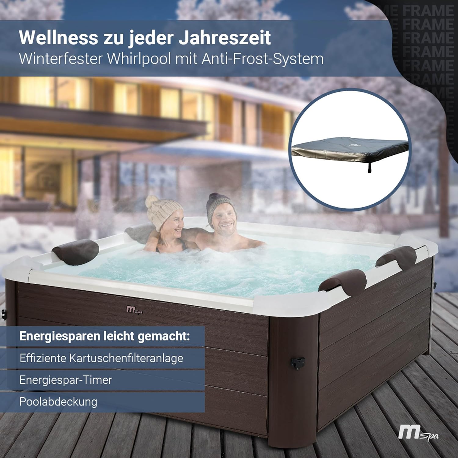 Miweba Whirlpool MSpa Tribeca mit Fester Außenwand | Pool mit App Steuerung | Spa für 6 Personen | 160x160x65cm | 120 Massagedüsen | Ganzjähriger Einsatz Winterfest | In & Outdoor Pool | Aufstellpool