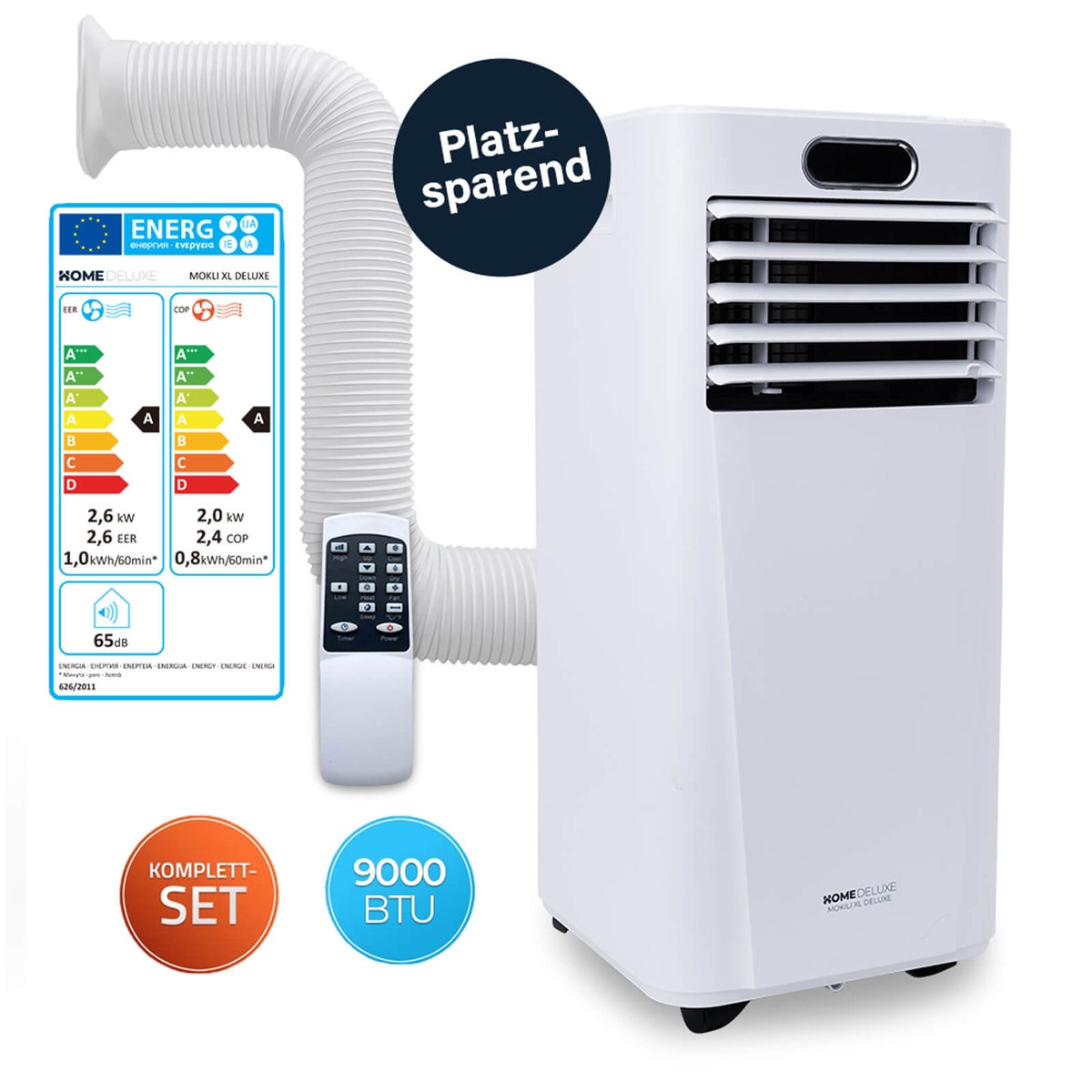 Home Deluxe - Mobiele Airconditioner SET MOKLI XL DELUXE - 9000 BTU/h (2600 Watt) - Draagbare airconditioner met 5-in-1 systeem: koelen, verwarmen, ontvochtigen, ventileren, nachtmodus