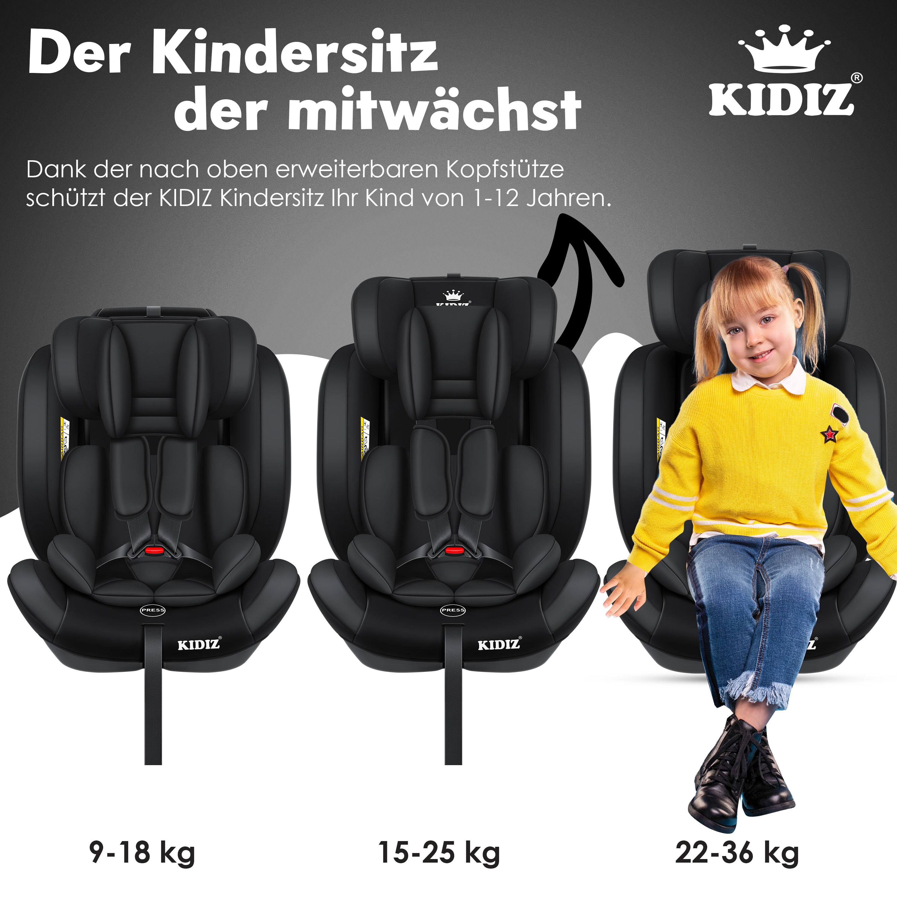 KIDIZ® Autokindersitz Premium Kinderautositz Gruppe 1+2+3, 9-36 kg 5-Punkt-Sicherheitsgurt, Autositz, Kindersitz, Einstellbare Kopfstütze, Mitwachsende Sitzerhöhung 1-12 Jahre, Stabil und Sicher