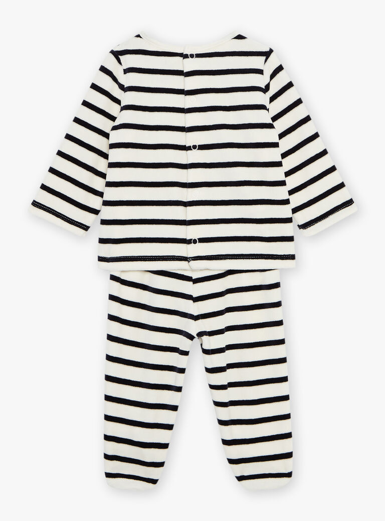 Pyjama deux pièces beige clair chiné en velours avec broderie tête de chien