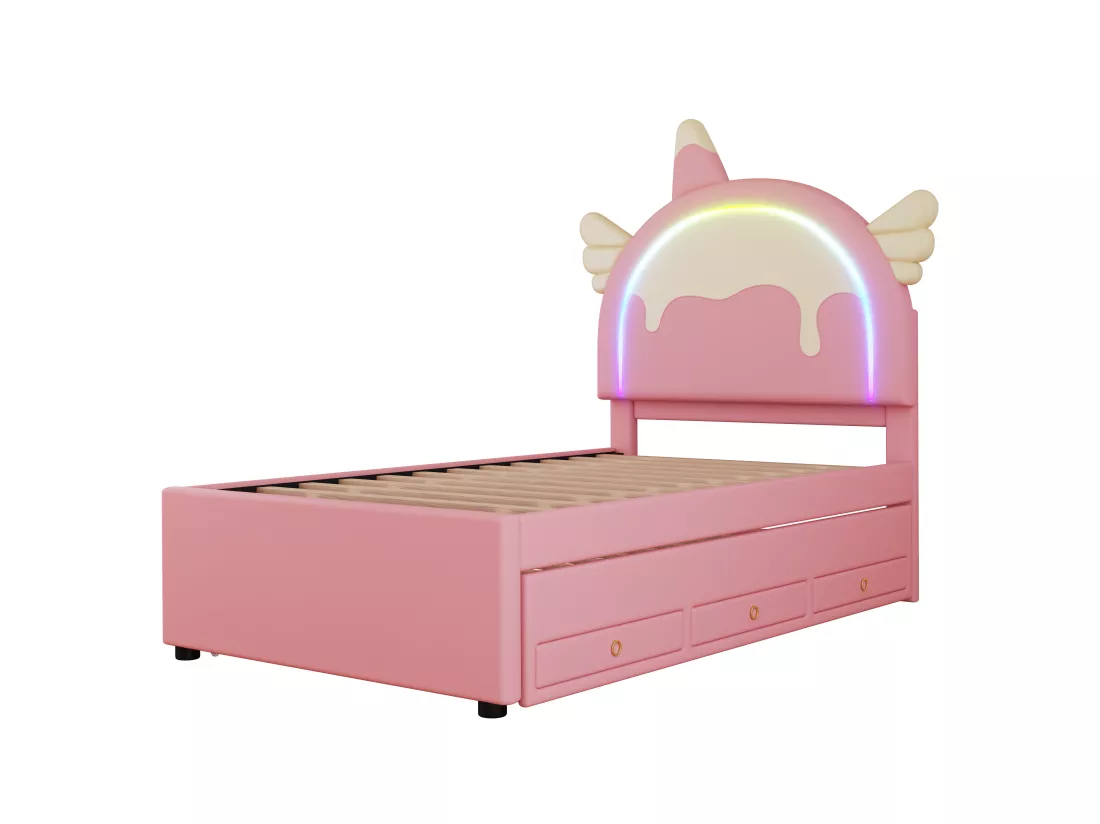 Lit gigogne 90x200cm+90x190cm, lit d'enfant avec 3 tiroirs, sommier à lattes et tête de lit forme licorne, matière PU, rose