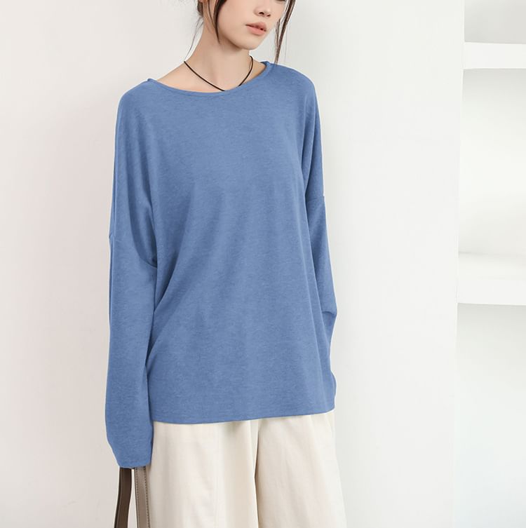 Scabiosa - T-shirt met lange mouwen en ronde hals, effen