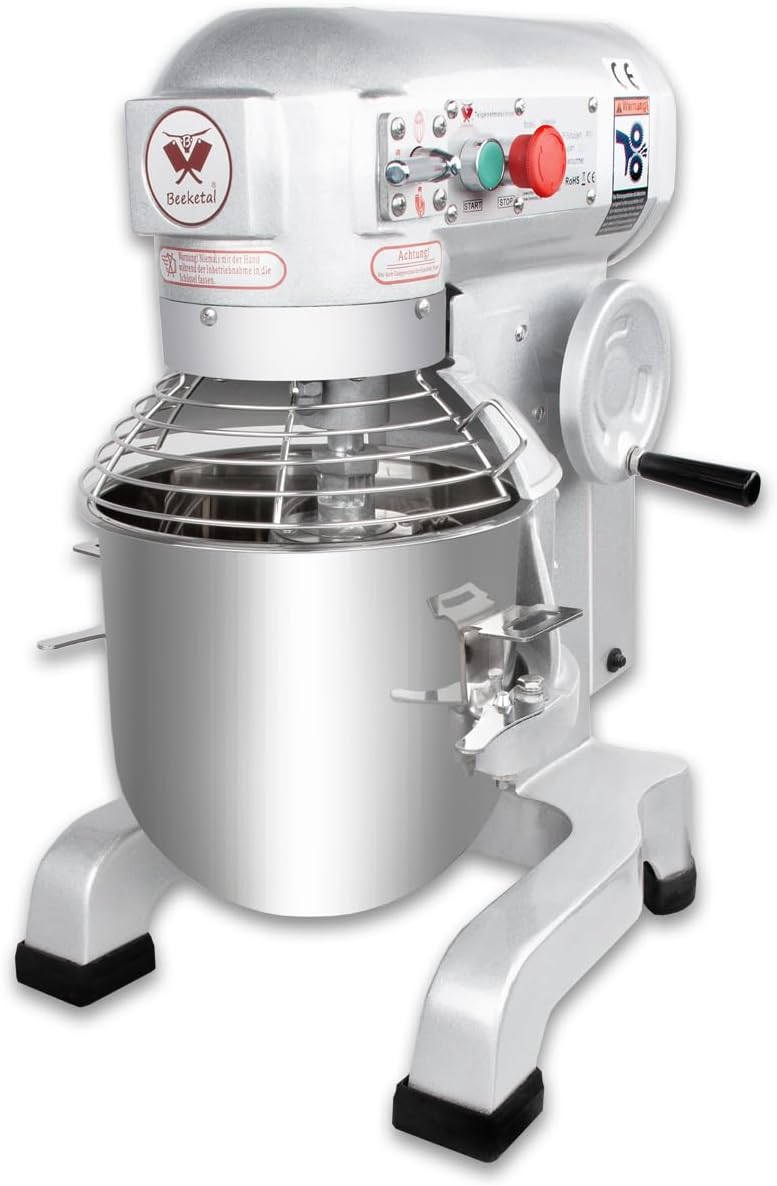 Beeketal 'BSM10P' Profi Teigknetmaschine mit Planetenrührwerk 10 Liter Kapazität (3 Stufen 105, 170, 340 U/min), Knetmaschine inkl. Knethaken, Schneebesen und Flachrührer - silber lackiert