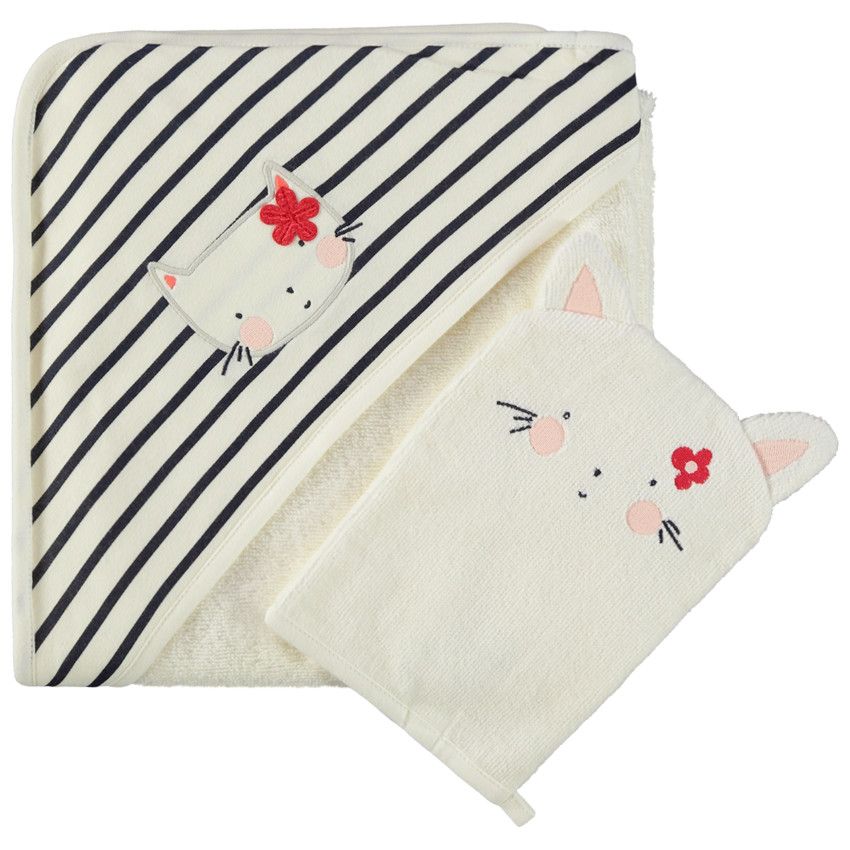 Set de bain cape + gant de toilette chat pour bébé fille - Ecru