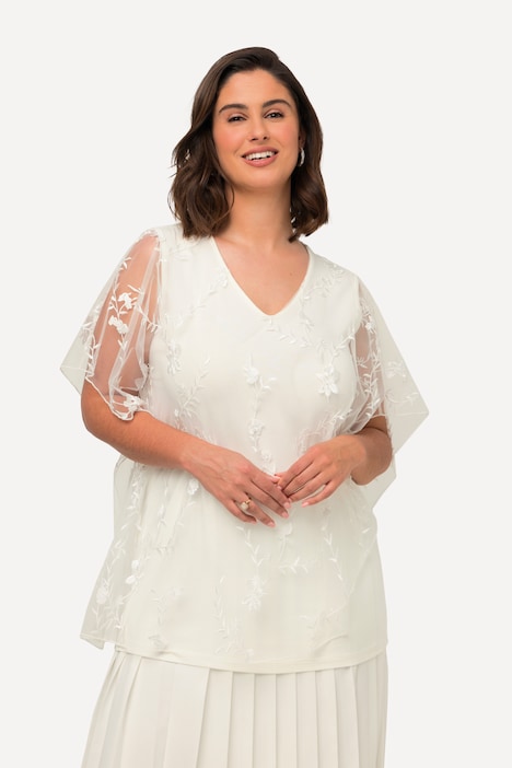 Bluse, Spitzenüberwurf, V-Ausschnitt, Halbarm