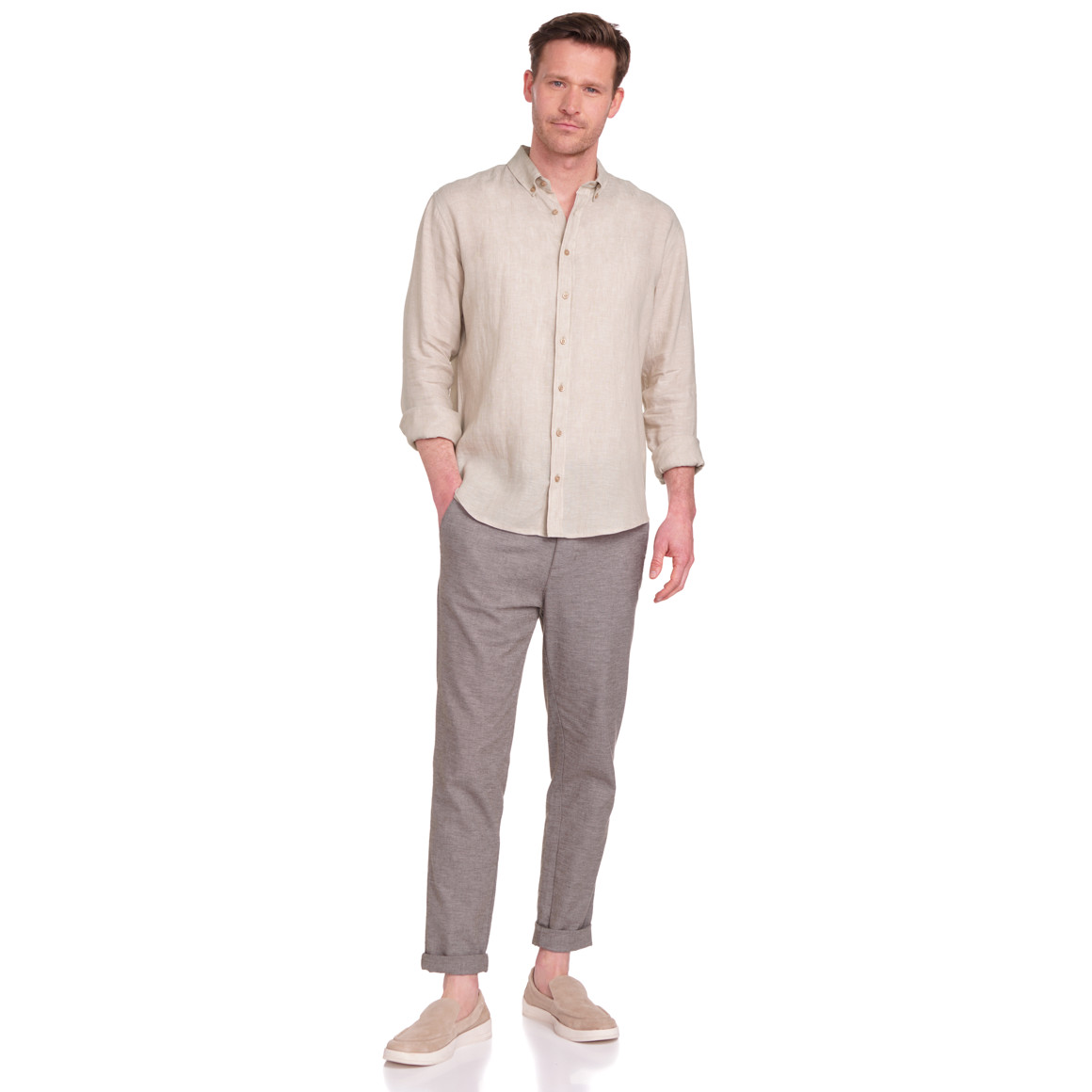 VanVaan Herren Leinen-Hemd mit Button-Down-Kragen beige