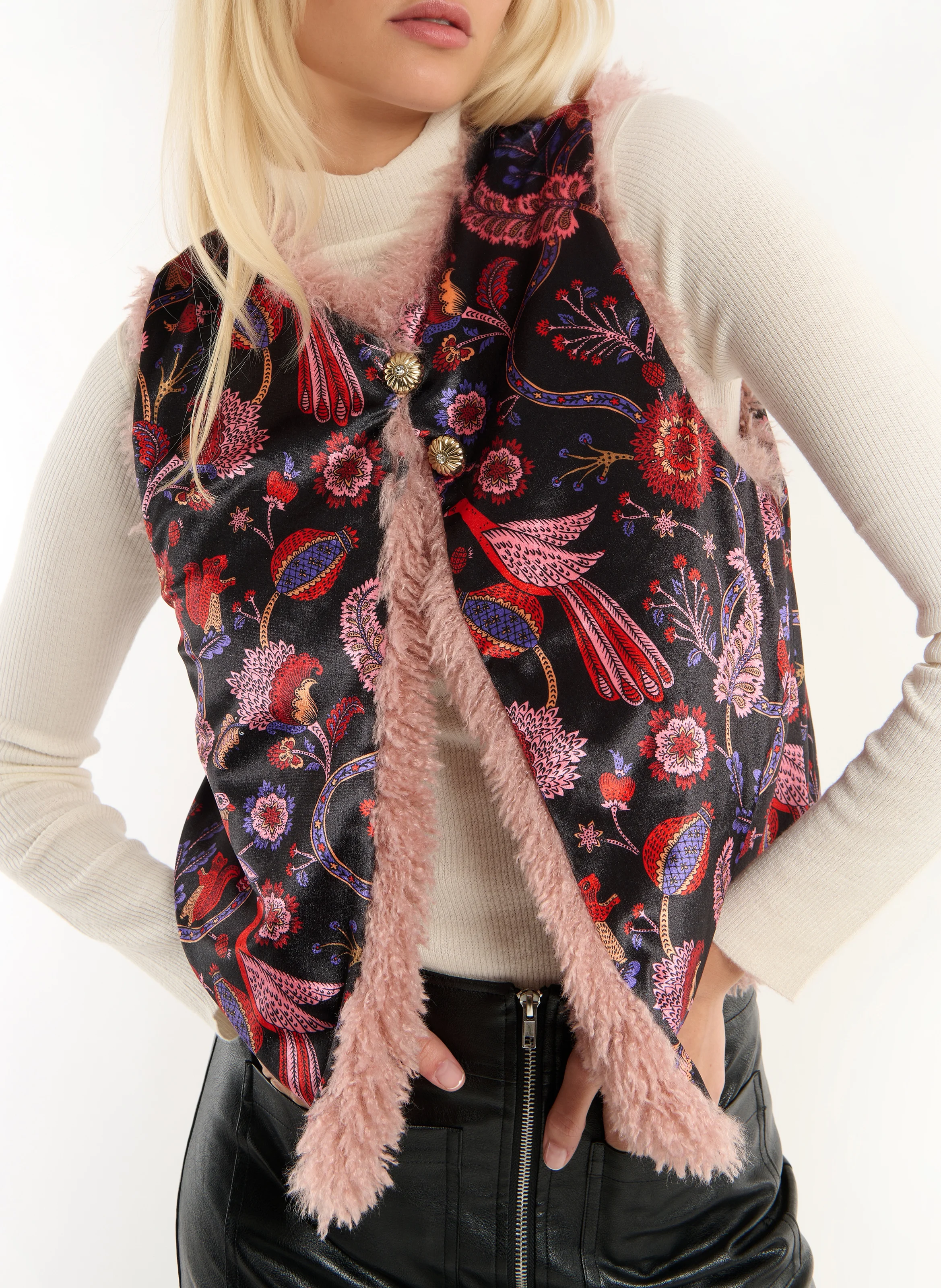 COLBI - Gilet droit sans manches effet fourrure| Rose