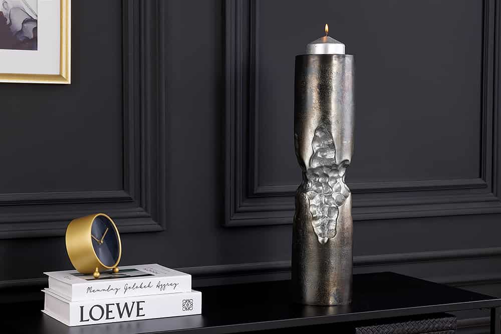 Moderne Vase PRECIOUS 50cm schwarz silber Metall Hammerschlag Design