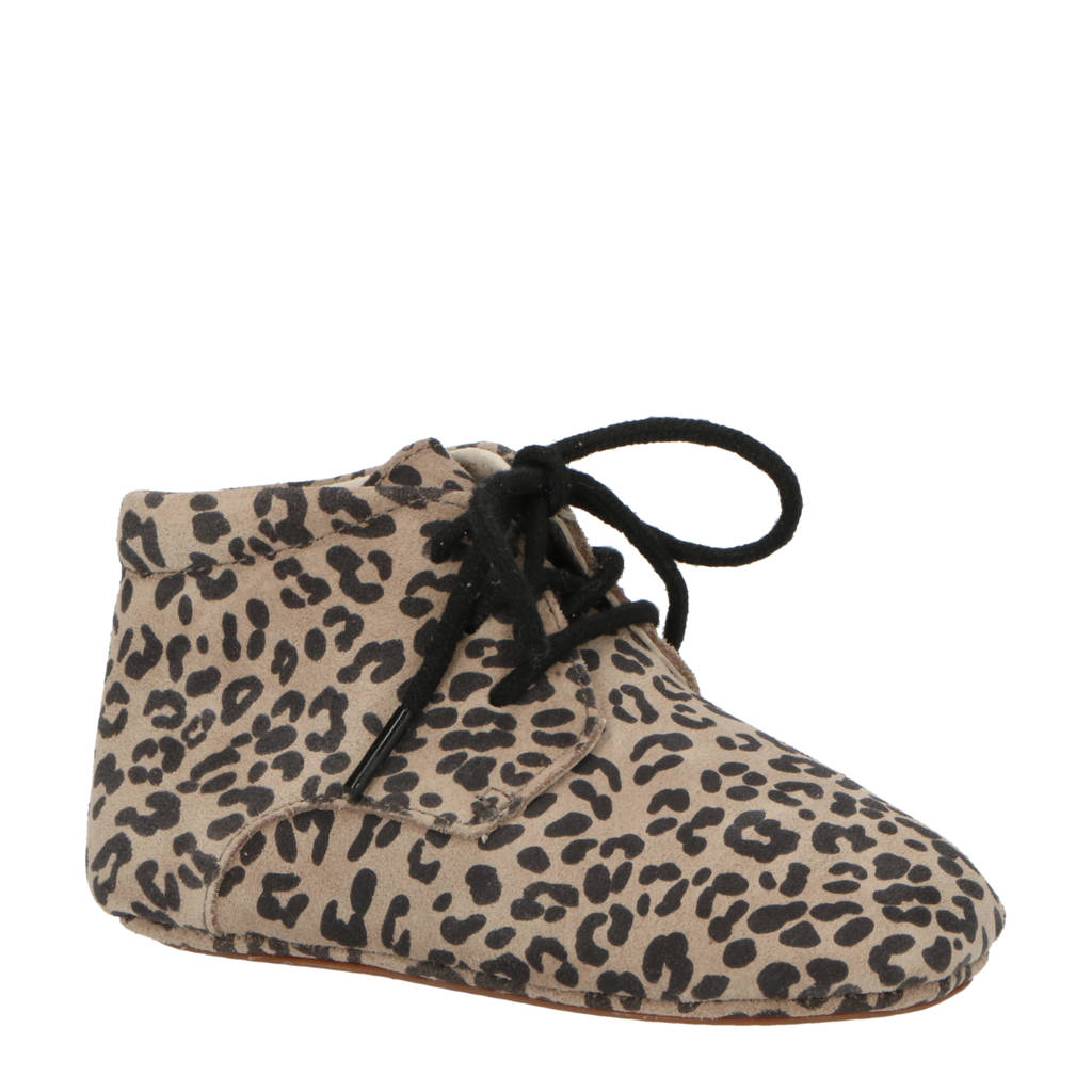Mavies leren babyschoenen met panterprint beige