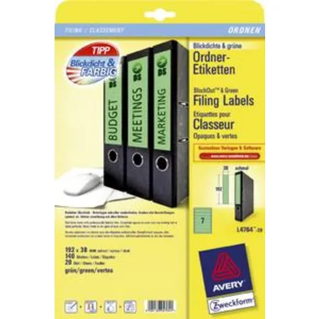 Avery Zweckform L4764-20 Ordnerrücken Etiketten A4, mit ultragrip, 38 x 192 mm, schmal/kurz, 20 Bogen/140 Etiketten, grün