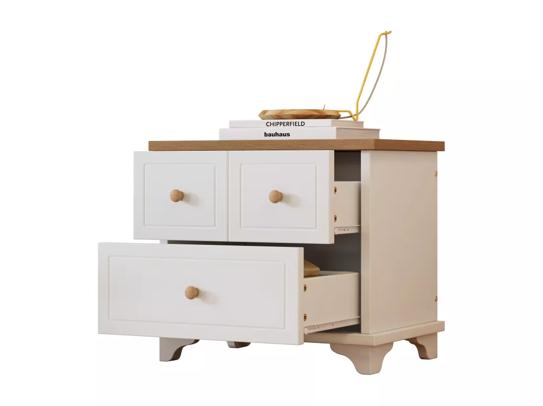 Table de chevet avec 2 tiroirs - 60 x 40 x 51.5 cm - pieds de belle facture - MDF+aggloméré - blanc+naturel