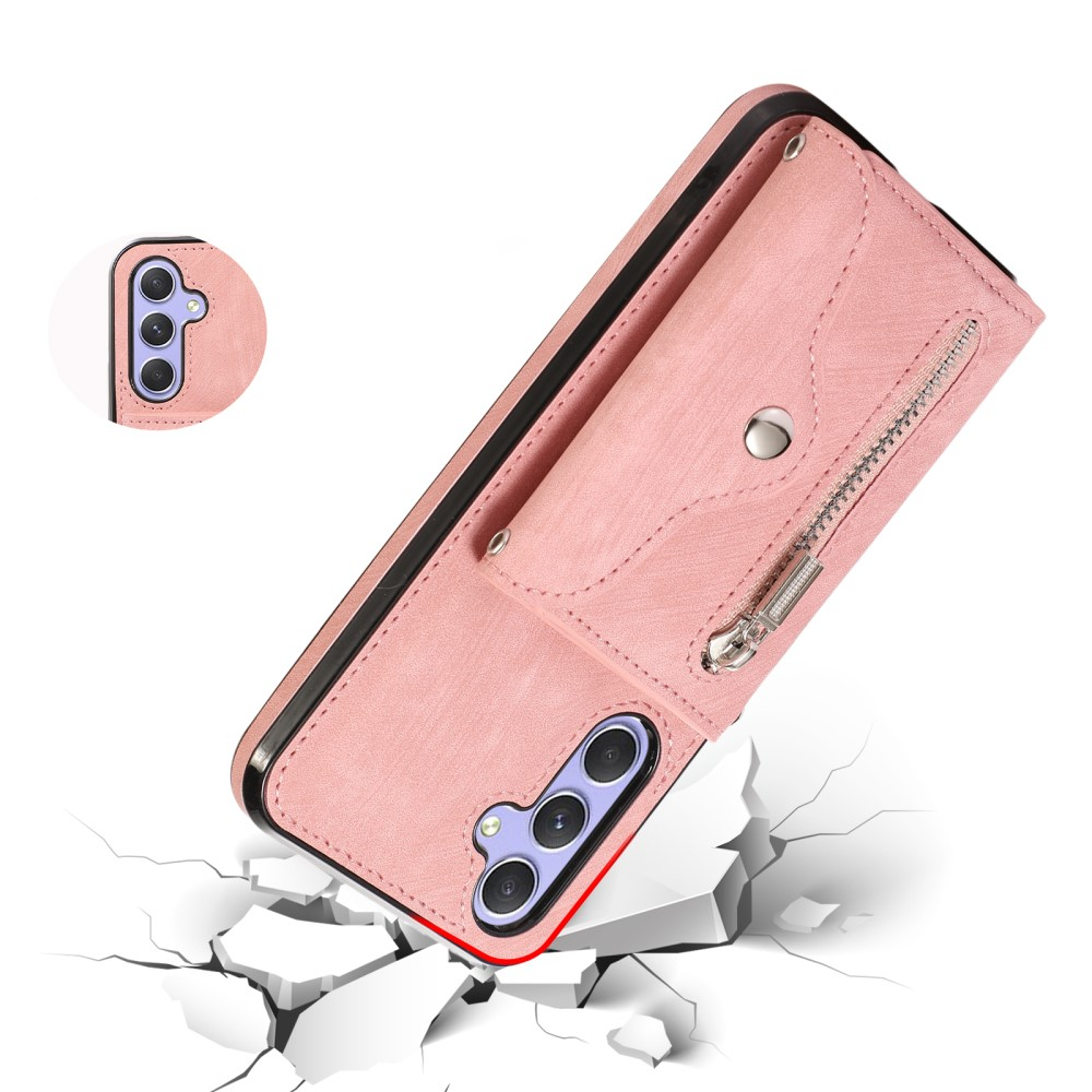 Samsung Galaxy A54 5G Necklace Leder Schutz Hülle mit Kartenfächer   Handykette (RFID Schutz) - Rosa