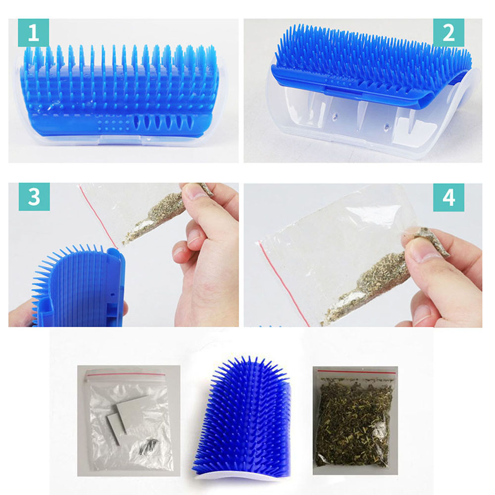 (4er Set) 12x8cm Katzen Pflege Massage Bürste Katzenspielzeug Fellbürste Befüllbar mit Katzenminze für Wände / Stuhlbeine - Grau