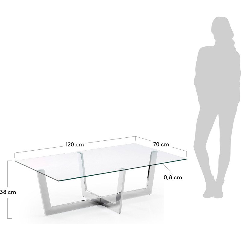 Table basse Plam en verre transparent et structure en acier chromé 120 x 70 cm