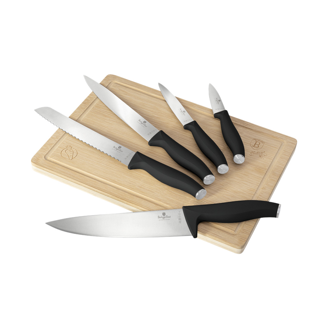 Berlinger Haus 6-teiliges Messer-Set mit Bambus Schneidebrett Matte Black Collection