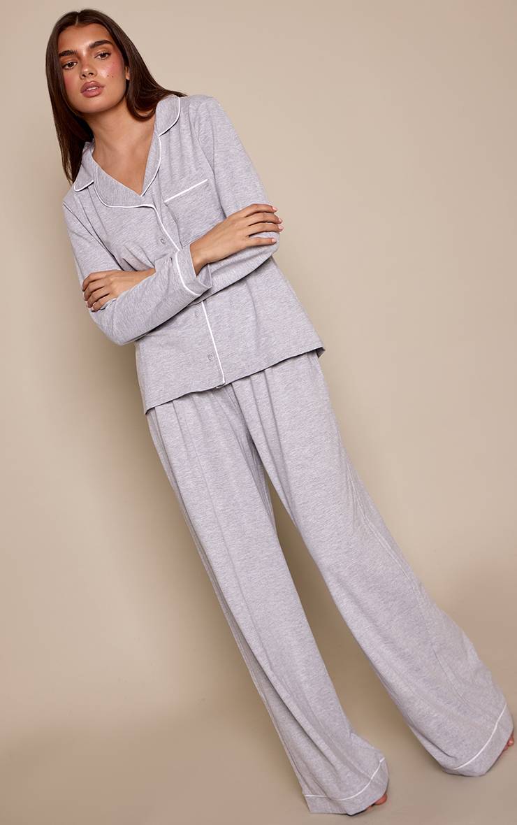 Gris Chiné Ensemble Pyjama Haut Manches Longues Et Pantalon En Jersey Doux Avec Passepoil