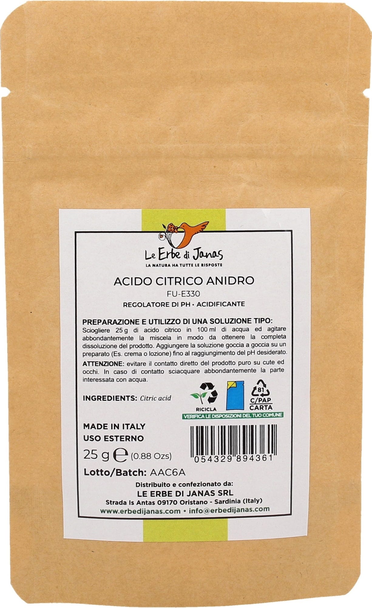 Le Erbe di Janas  Kristalline Zitronensäure (Citric Acid), 25 g