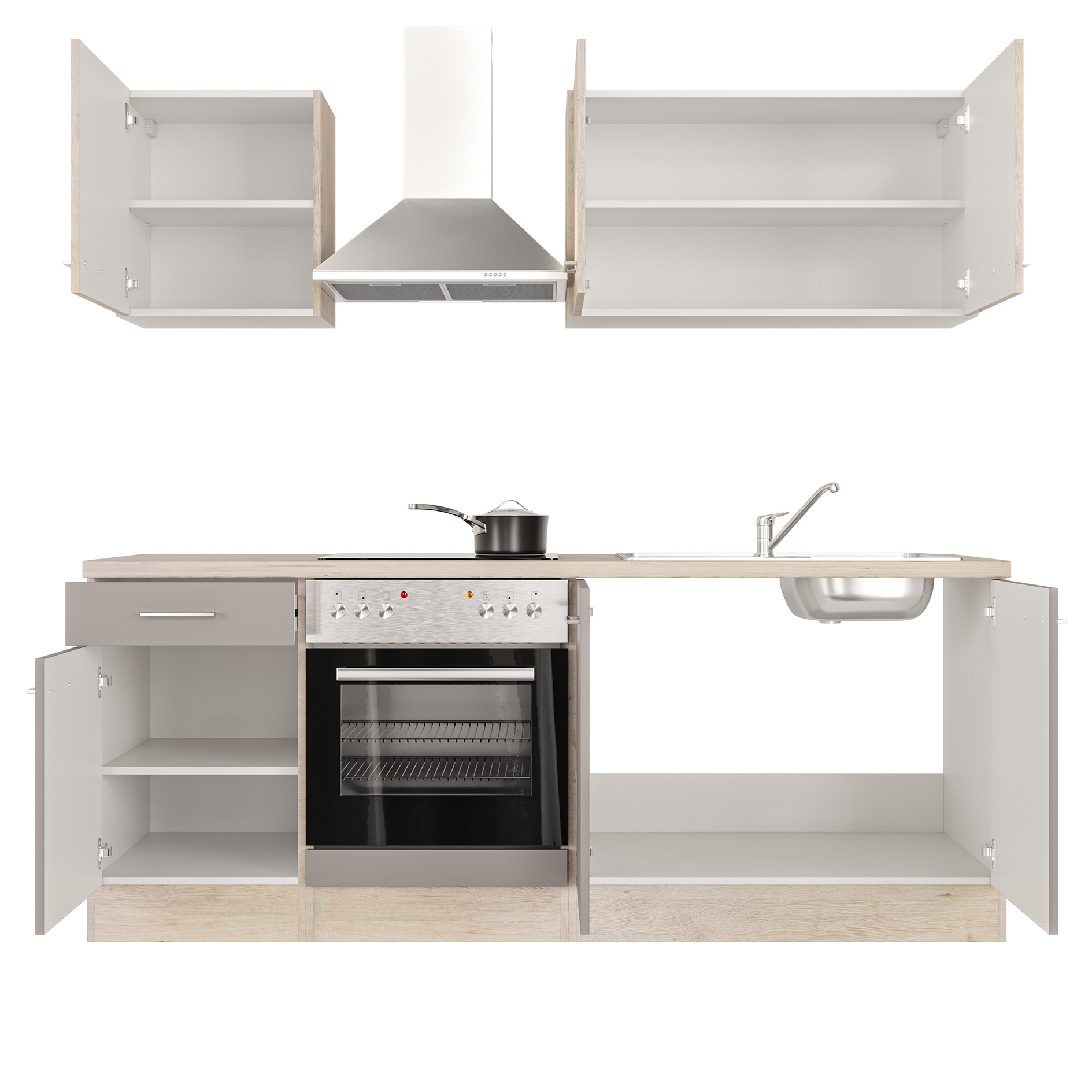 Küchenblock RIVA - Quarz Cubanit - San Remo Eiche hell - mit E-Geräten - 210 cm