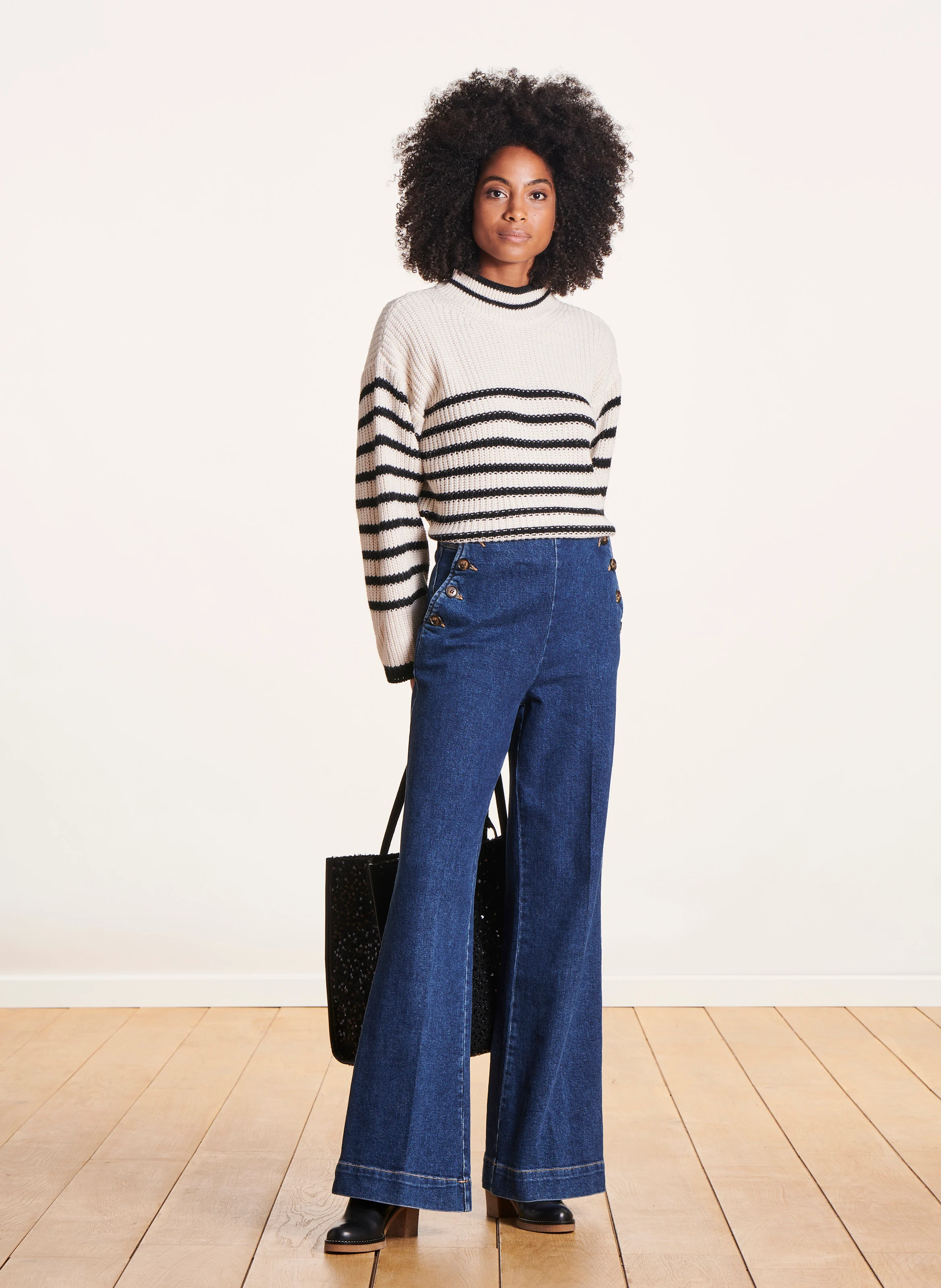Jean flare boutonné en coton bio mélangé | Bleu