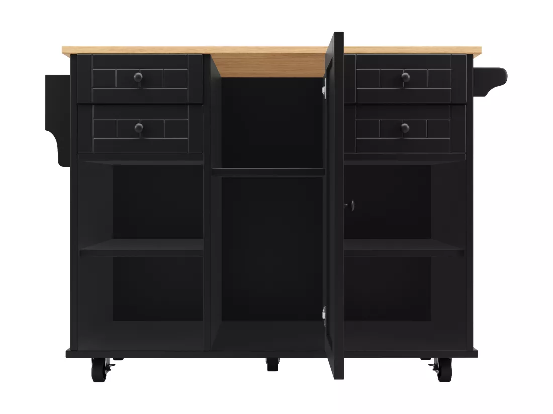 Ilot central de cuisine mobile avec 1 porte et 4 tiroirs - 111x46x91.5 cm - Bois MDF - Noir et naturel