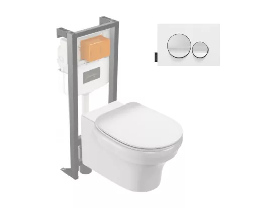 Pack WC suspendu sans bride JACOB DELAFON Cléo 1889 + abattant + bâti-support + plaque ronde blanche