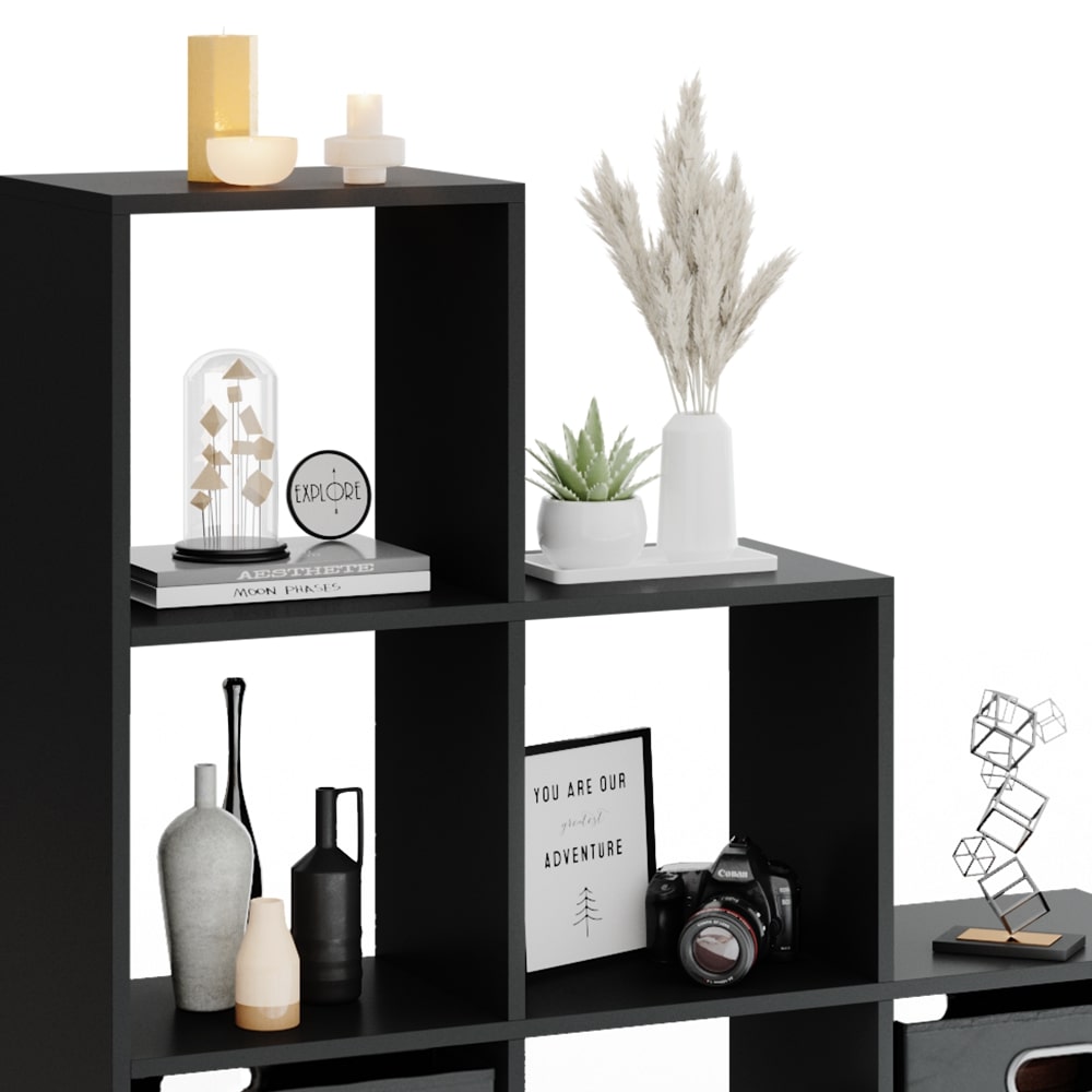 VICCO Treppenregal 6 Fächer Schwarz- Raumteiler Stufenregal Bücherregal Büroregal Standregal