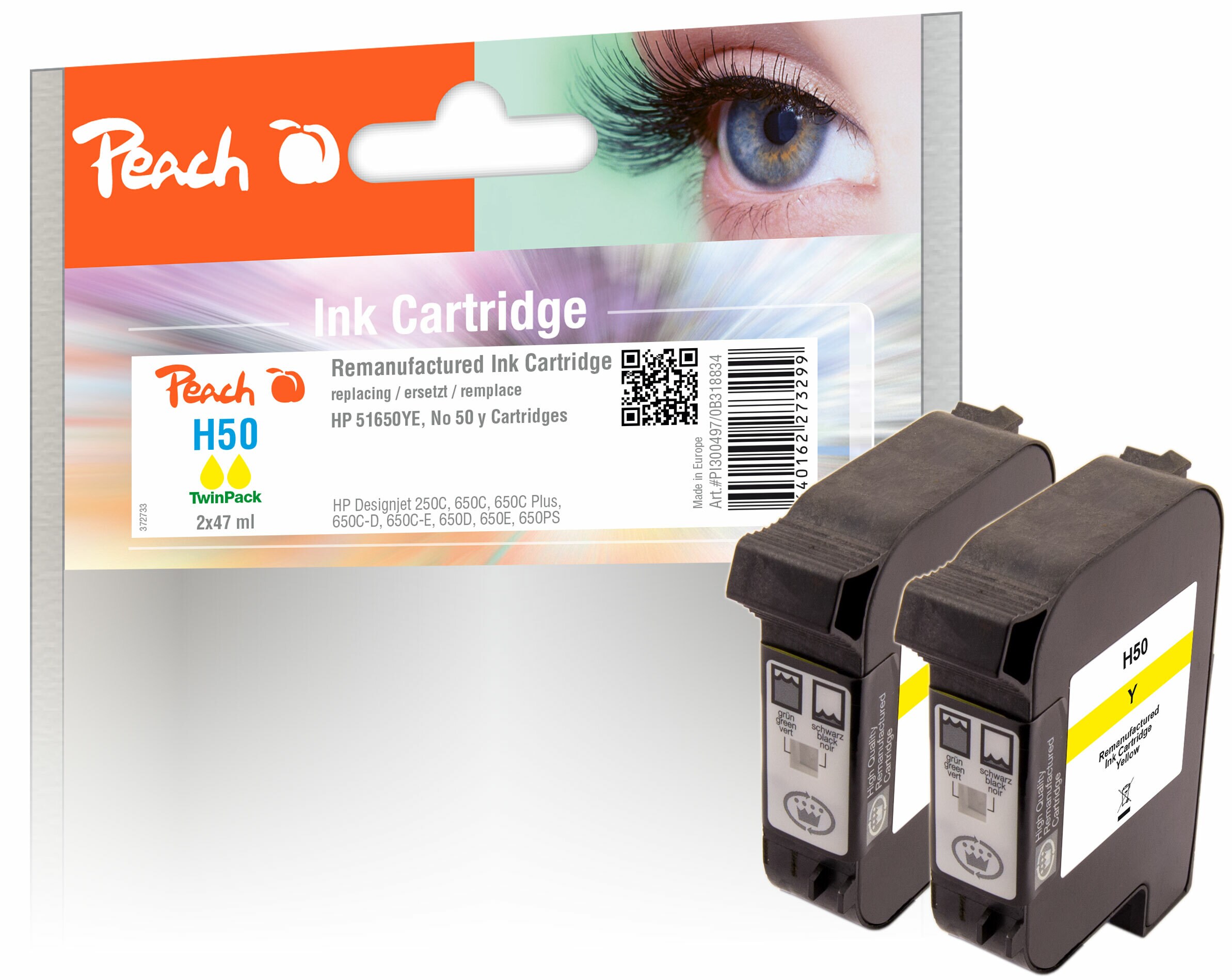 Peach HP 50 y 2 Druckköpfe 2*ye ersetzt HP No. 50 y*2, 51650YE*2 für z.B. HP DesignJet 250 C, HP DesignJet 650 C, HP DesignJet 650 C Plus (wiederaufbereitet)