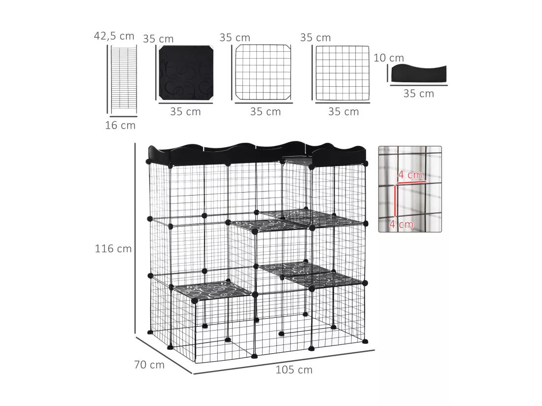 Cage parc enclos chat modulable dim. L105 x l70 x H105 cm 3 niveaux 2 portes rampe plateformes PE motif graphique fil métallique noir