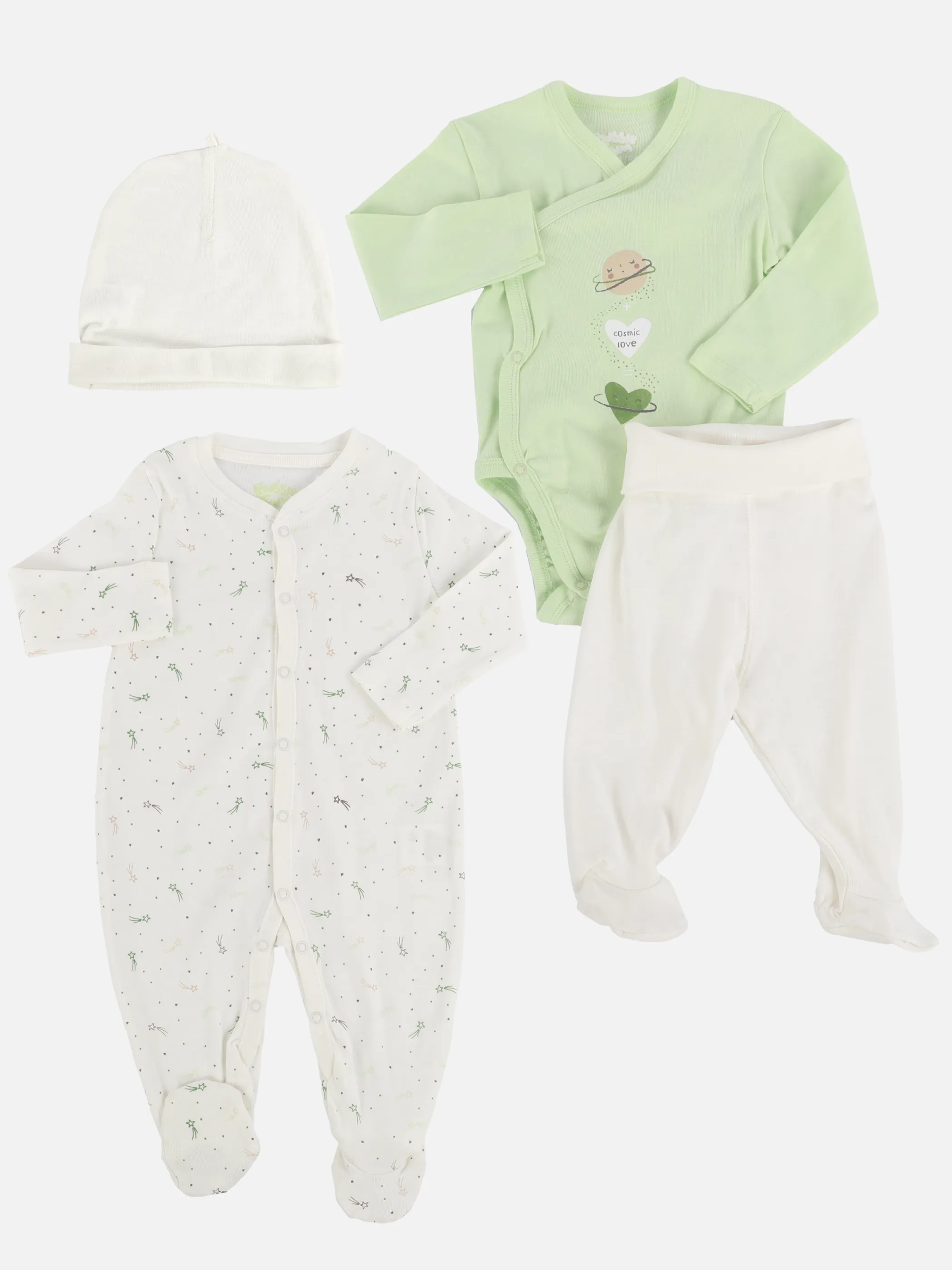 Baby Strampler Set, best. aus Body, Strampler, Hose und Mütze