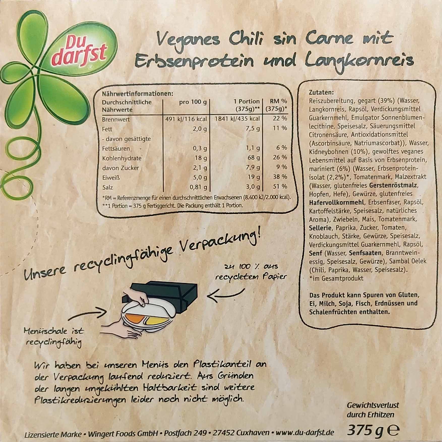 Du Darfst Fertiggericht Veganes Chili sin Carne mit Langkornreis 375g MHD:8.9.25