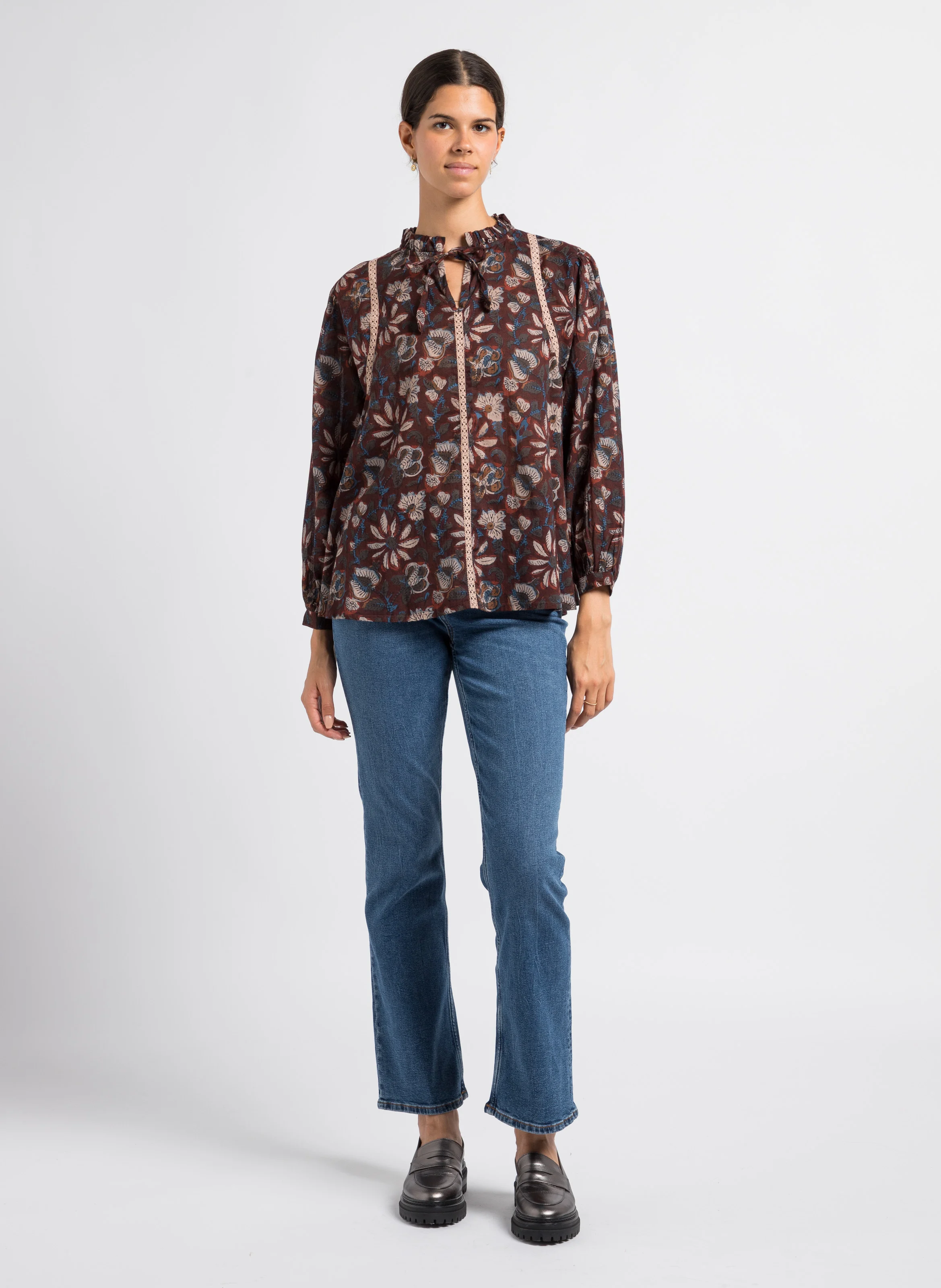 INGRID - Blouse ample col tunisien en coton imprimé | Marron