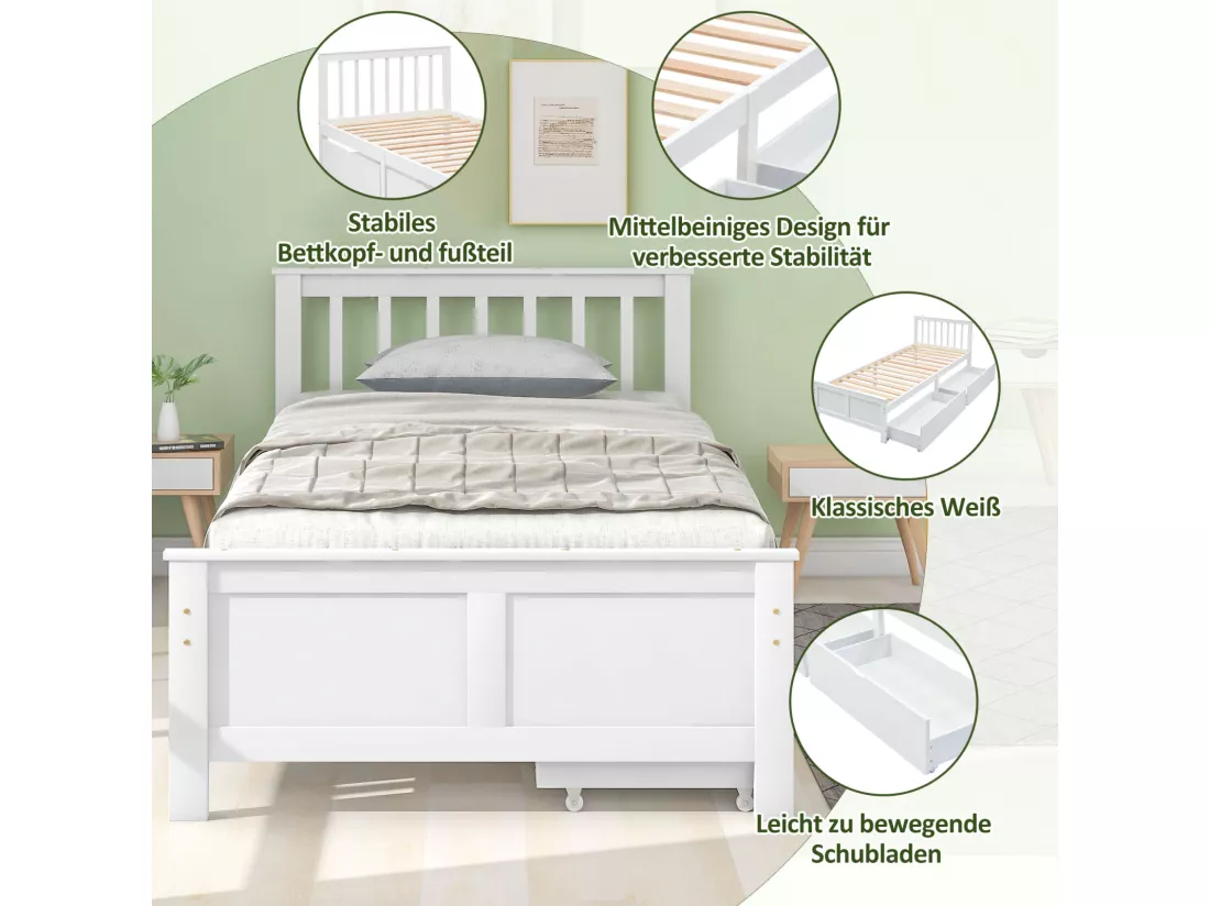 Lit simple en bois 90 x 200 cm pour jeune et adulte. avec tiroirs. structure en Pin. Blanc
