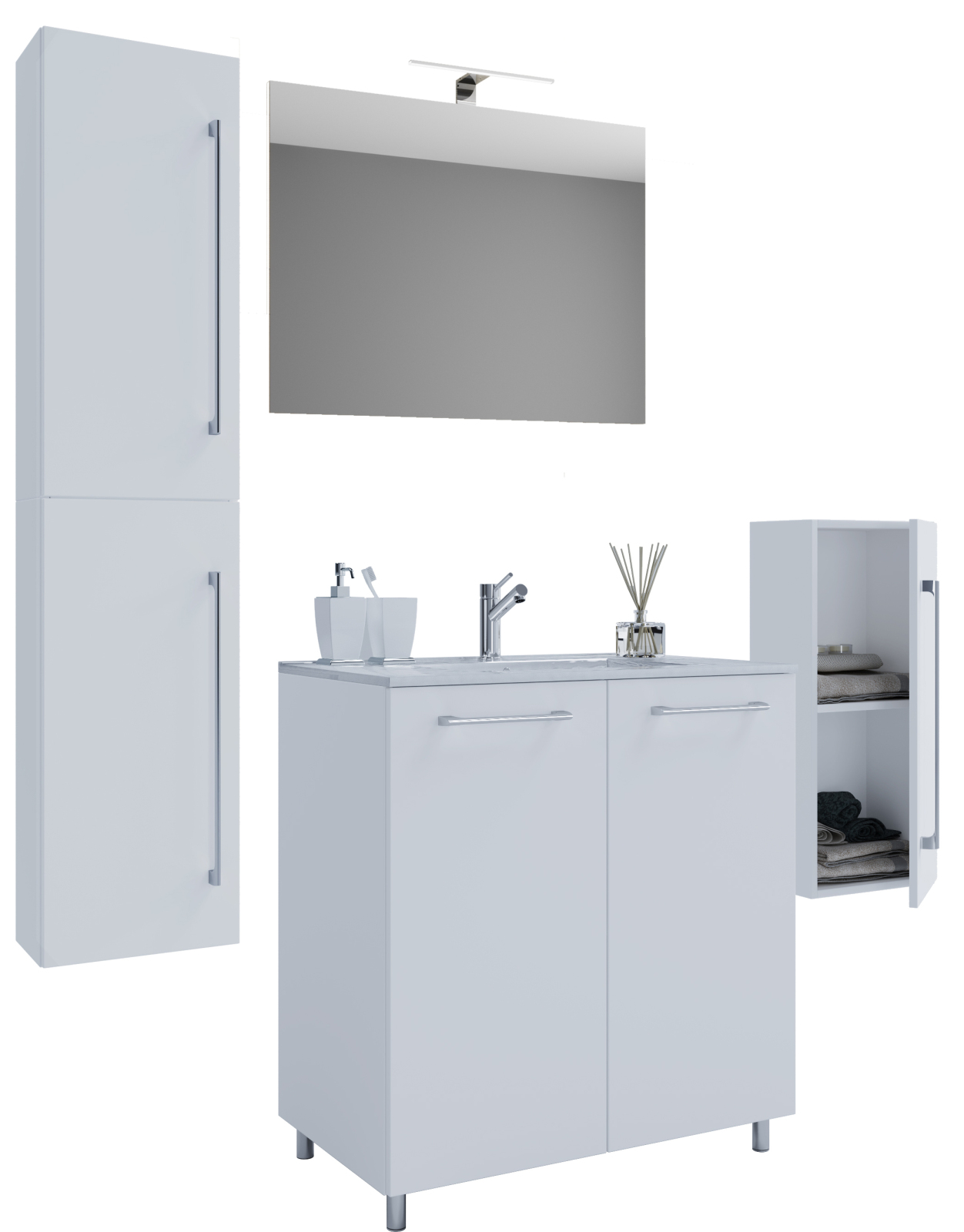 5-teiliges Badmöbel-Set BADINOS 2 - weiß - 60 cm Waschbecken - mit Spiegel