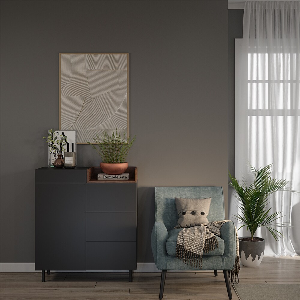 Vicco Kommode Anika, 89 x 100 cm, Anthrazit Walnussbraun mit Tür, 4 Schubfächer
