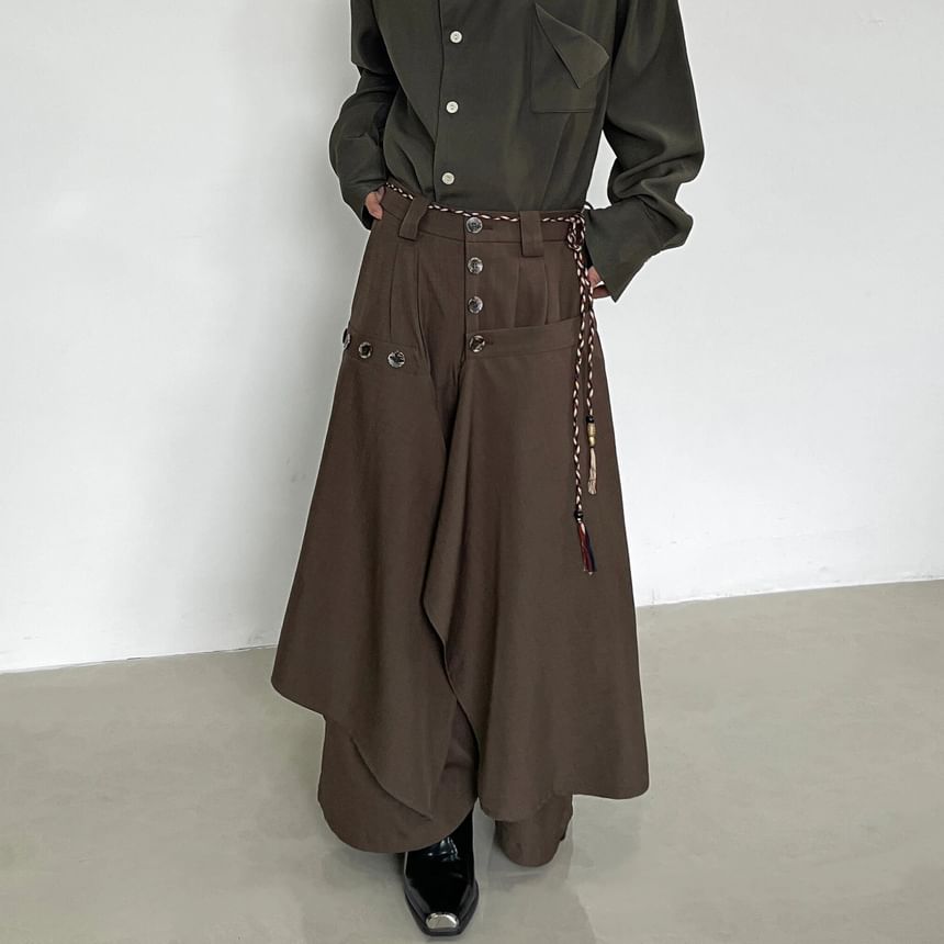 DragonRoad - Mid Rise Plain Asymmetrische Broek met Knoopsluiting en Wijde Pijpen