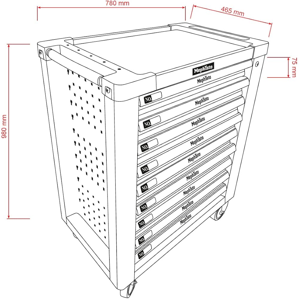 Mephisto Servante d'atelier avec 9 tiroirs, dont 9 tiroirs avec outils tels que clé, cliquet avec boîte à noix, incrustations souples aspect carbone : Bricolage