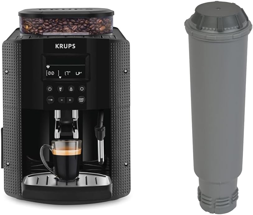 Krups Machine à café grain, 2 expressos simultanés, Ecran LCD, Cafetière espresso compacte, Nettoyage automatique, Buse vapeur pour Cappuccino, Essential noire YY8135FD, Noir