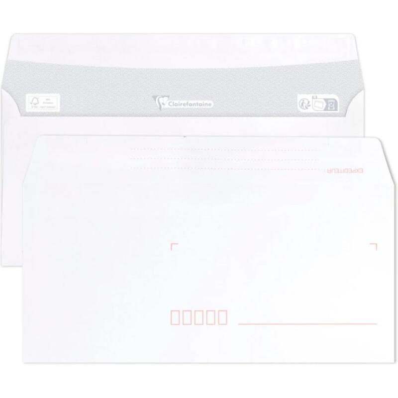 Paquet de 50 Enveloppes Blanches DL-110x220 mm - Précasées - Auto-Adhésives - 80g/m2 - Blanc