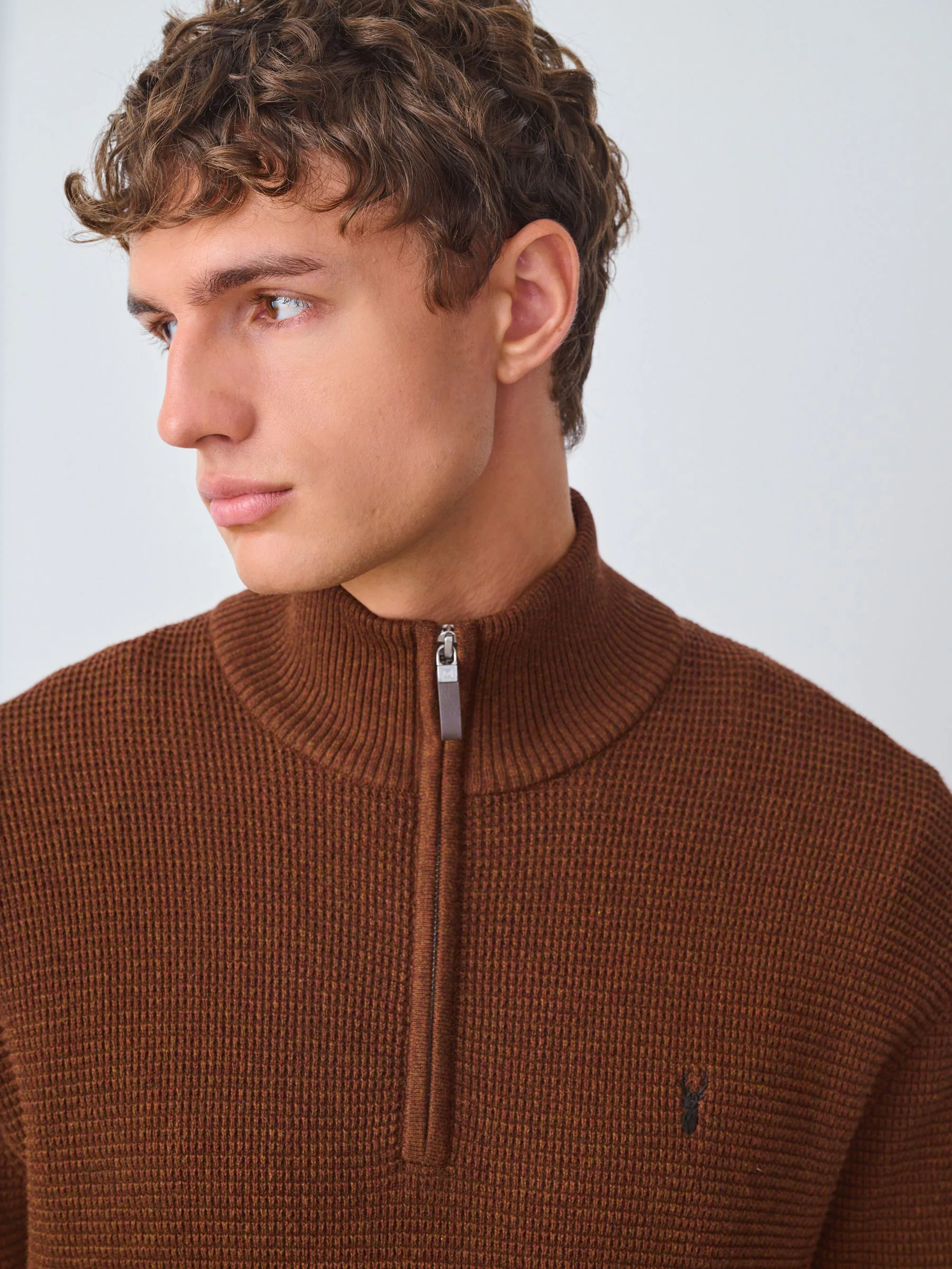 Lichtbruin - Hertlogo - Regular Fit 100% Cotton Textured Premium Quarter Zip Jumper