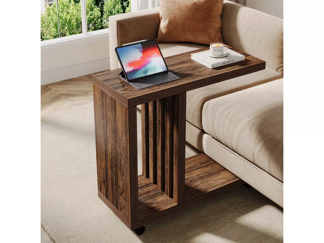 Table d'appoint en Forme de C, Table d'appoint Rustique en Bois avec roulettes verrouillables, Couleur Marron