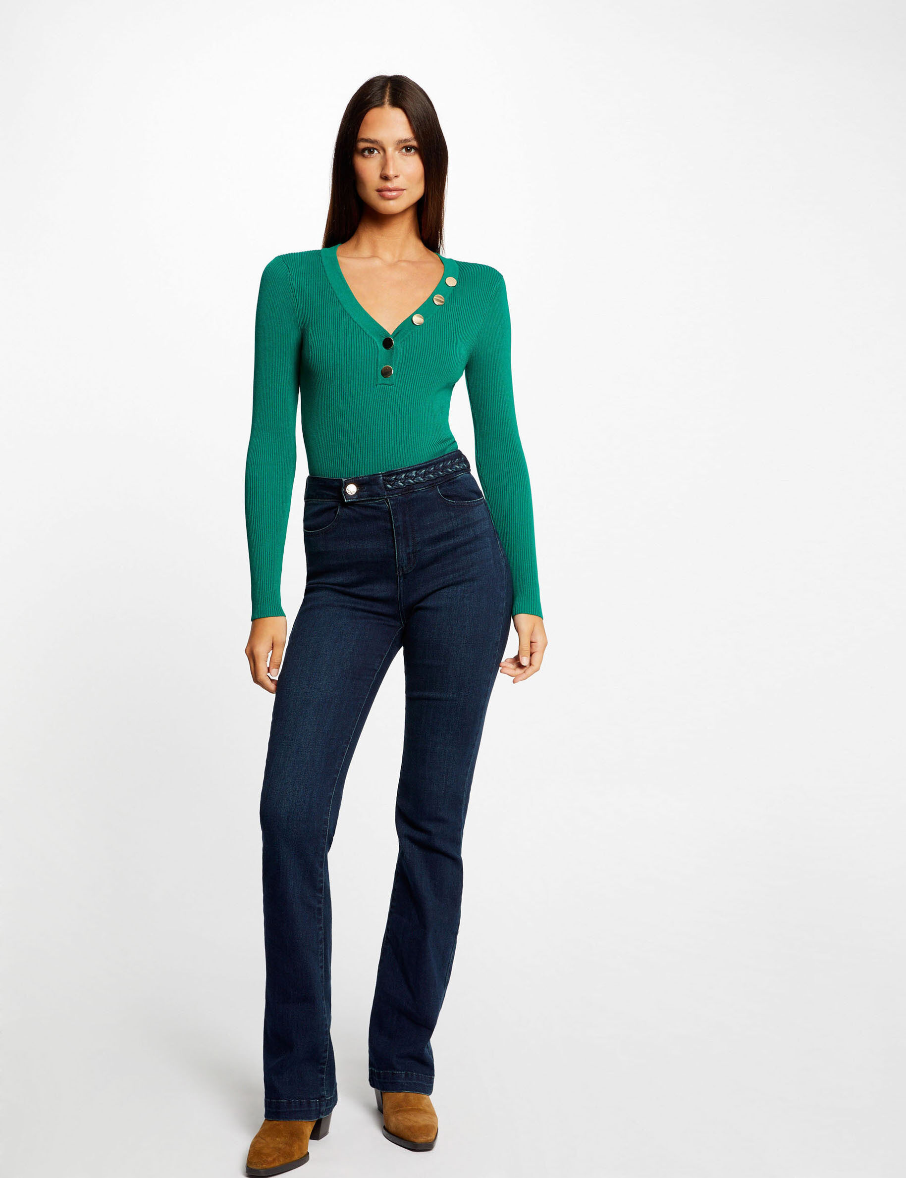 Pull manches longues boutons vert femme - vert