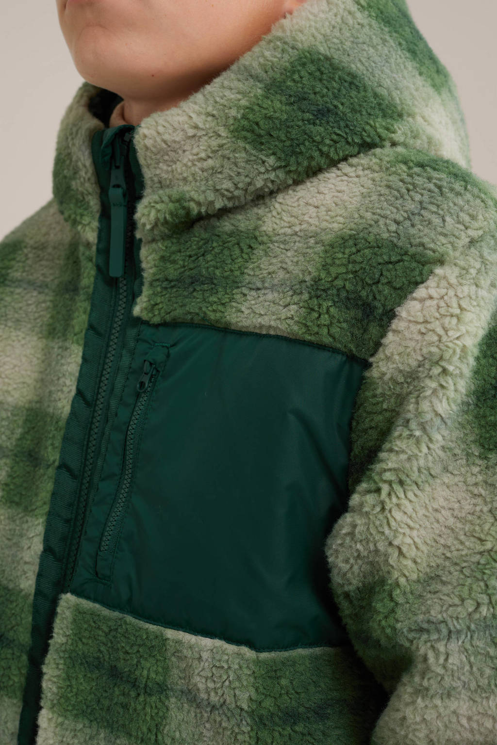 WE Fashion geruite gewatteerde winterjas donkergroen/ecru